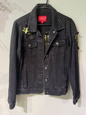 Guess Black Distressed Denim Jacket with Studded Collar